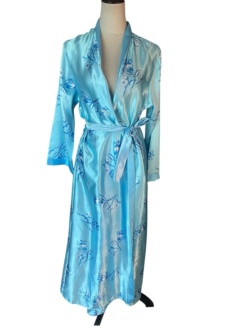 Vintage Light Blue Floral Satin Kimono Wrap Robe with Belt